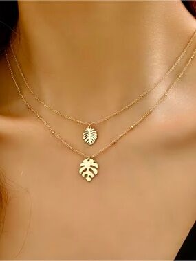 Women’s double-layered gold-tone Tropical Monstera leaf  necklace. Free Shipping